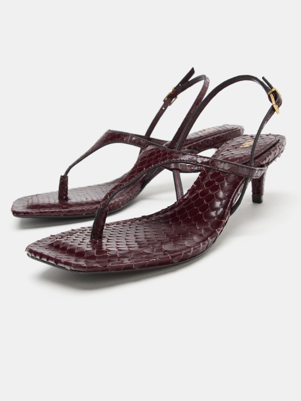Zara Burgundy Croc-Embossed Slingback Kitten Heel Sandals
